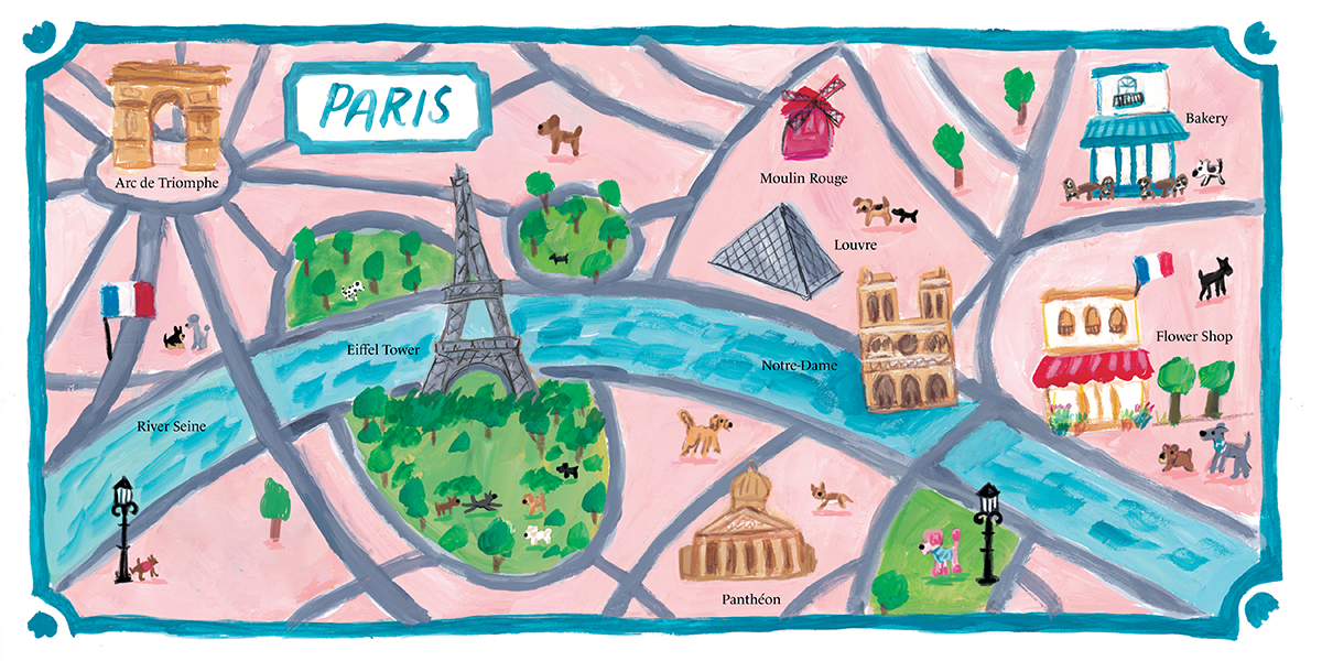 Illustrated map of Paris with dogs. City map illustrator.
