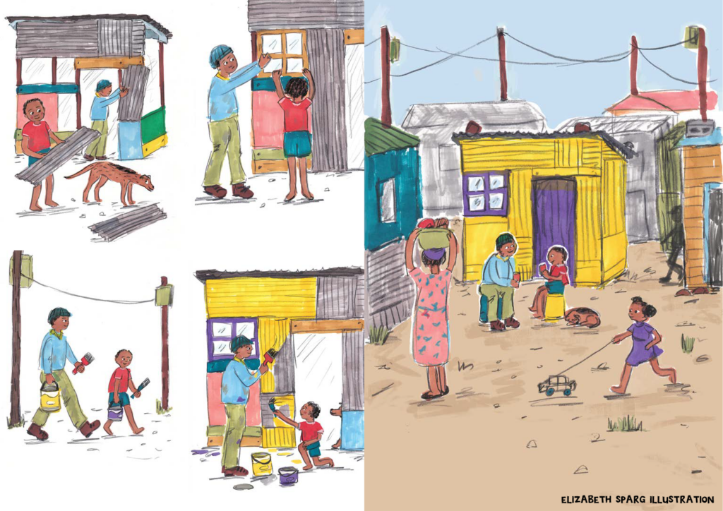 Illustration of boy and dad in a South African township building a shack/house. Copyrighted artwork. Do not use without consent.